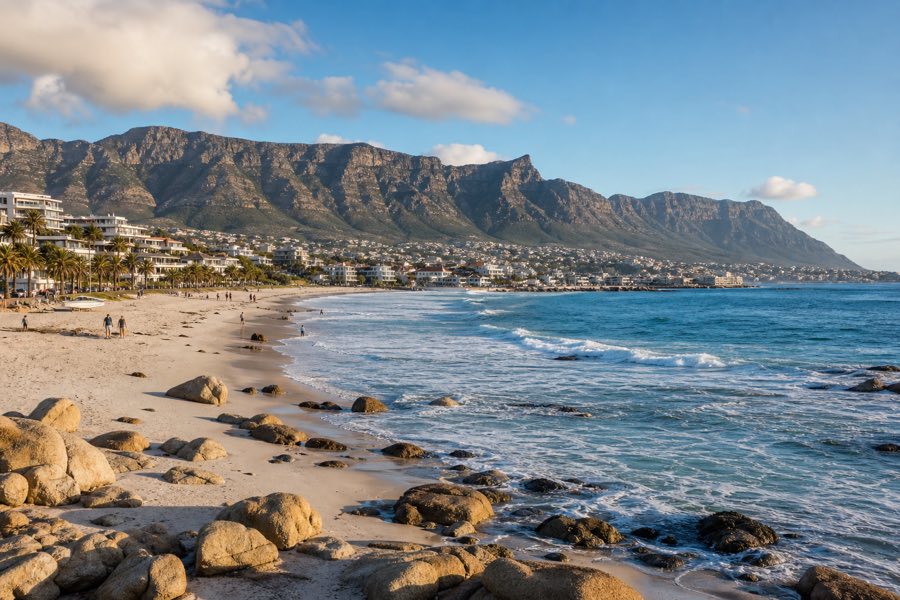 Cape Town coastline with Table Mountain and blue ocean