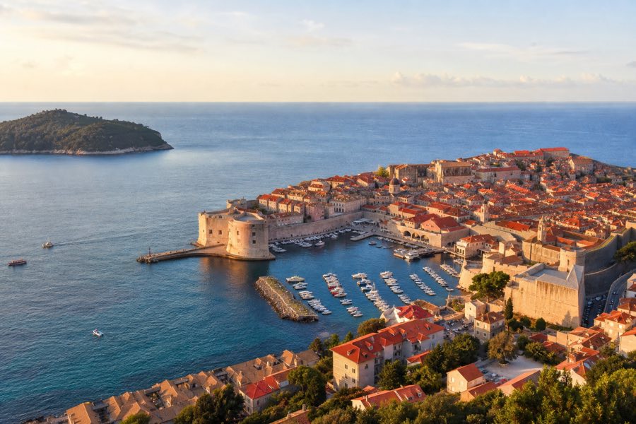Dubrovnik old town beside the Adriatic Sea at golden hour