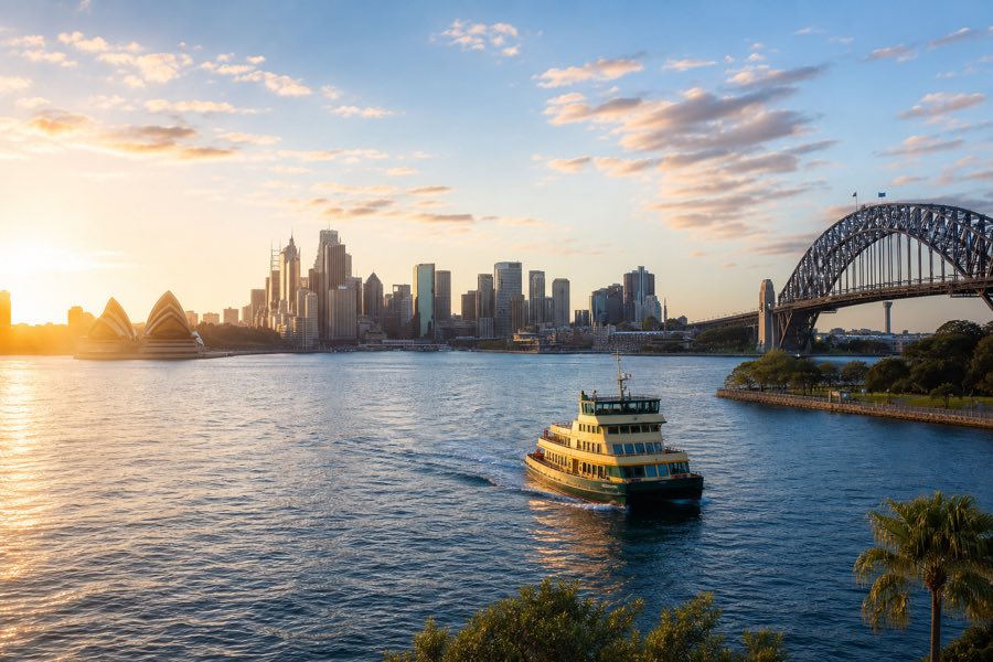 Sydney Harbour at sunrise with ferry, Opera House, and Harbour Bridge